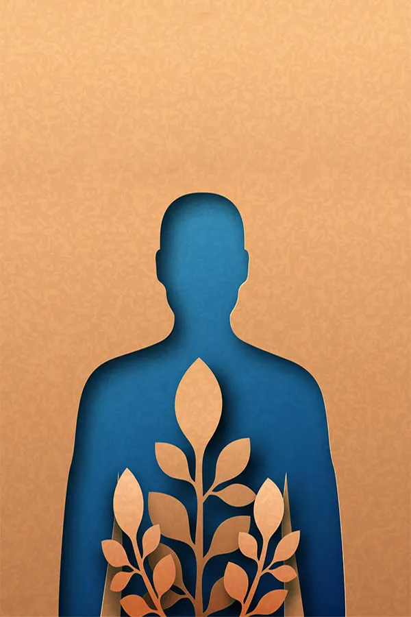 Functional-Medicine-Treatment A human body shape cut out of cardboard with blue paper underneath and cardboard leaves on top, symbolizing functional medicine treatment from Tanya Zboril, NP of TBT Medical in Halifax.