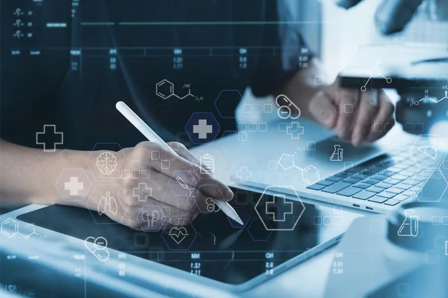 Close-up of a medical professional using a laptop and tablet, with illustrated medical symbols overlayed on the image, symbolizing health conditions treated by Tanya Zboril, NP of TBT Medical in Halifax.