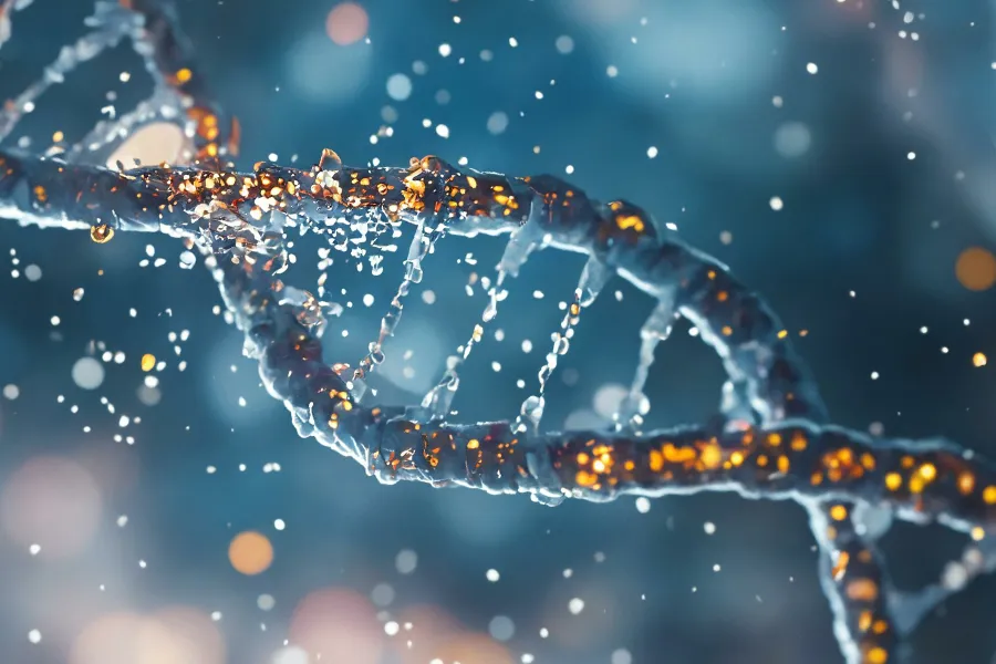 3D illustration of a a DNA strand in sparkling golds and blues. Get Regenerative Medicine treatment from Tanya Zboril, NP of TBT Medical in Halifax.